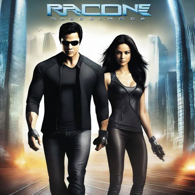 A futuristic and dynamic poster for 'Ra One 2: Resurgence' featuring a technologically advanced cityscape, powerful cybernetic characters, and intense action scenes