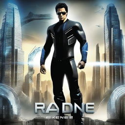 A futuristic and dynamic poster for 'Ra One 2: Resurgence' featuring a technologically advanced cityscape, powerful cybernetic characters, and intense action scenes