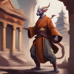 A detailed fantasy illustration of a half-elf tiefling monk