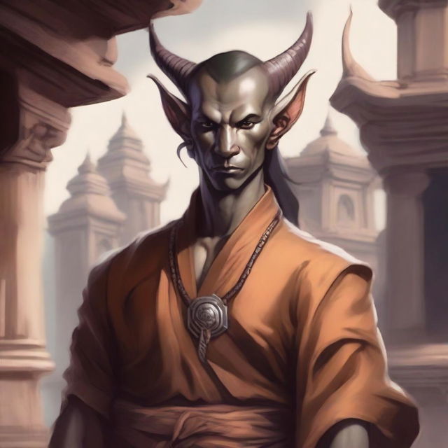 A detailed fantasy illustration of a half-elf tiefling monk