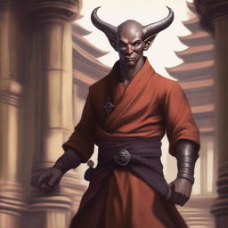 A detailed fantasy illustration of a half-elf tiefling monk