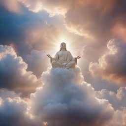 A majestic, ethereal depiction of a divine entity often referred to as 'God', surrounded by glowing light and floating amongst cumulus clouds in a vibrant, peaceful sky.