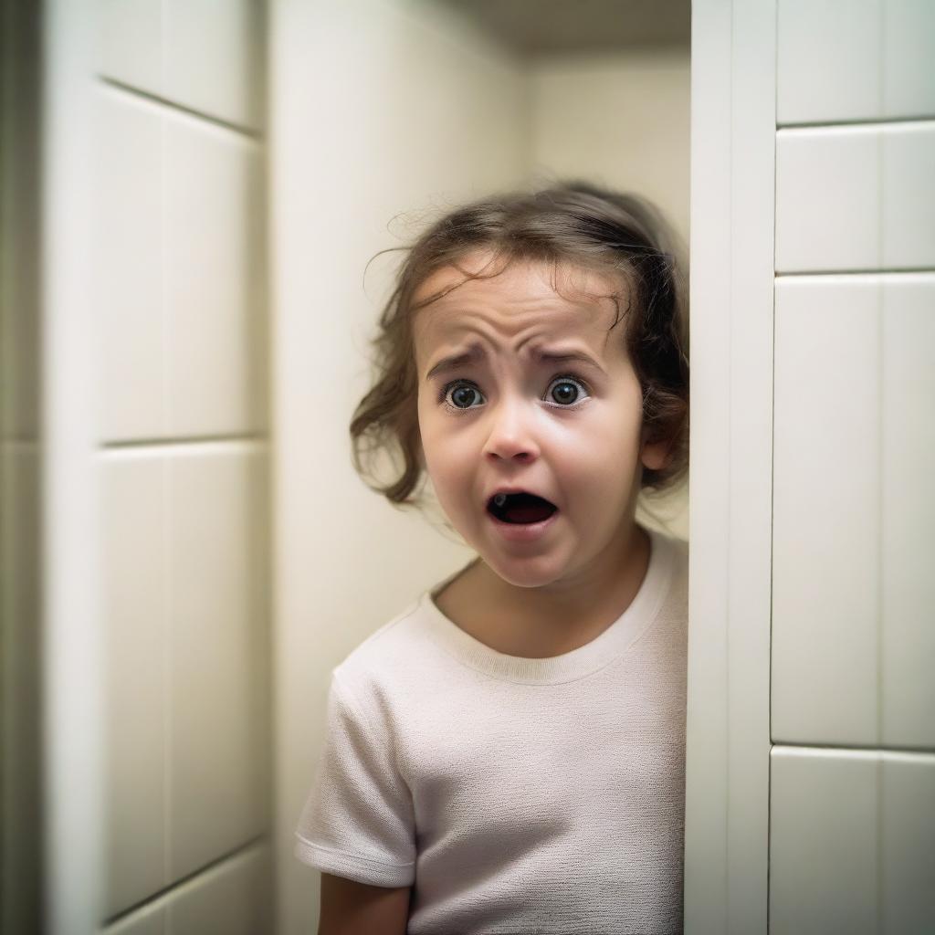 A young child is hiding behind a bathroom stall door, looking scared and anxious