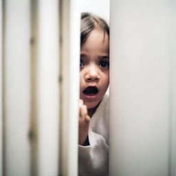 A young child is hiding behind a bathroom stall door, looking scared and anxious