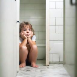 A young child is hiding behind a bathroom stall door, looking scared and anxious