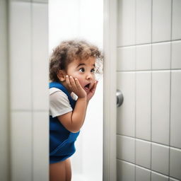 A young child is hiding behind a bathroom stall door, looking scared and anxious