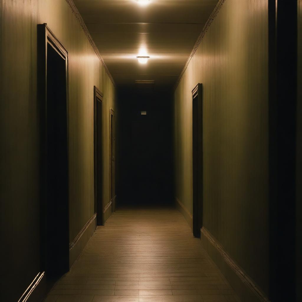 A long, dark hallway with dim lighting casting eerie shadows on the walls