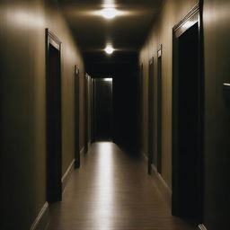 A long, dark hallway with dim lighting casting eerie shadows on the walls