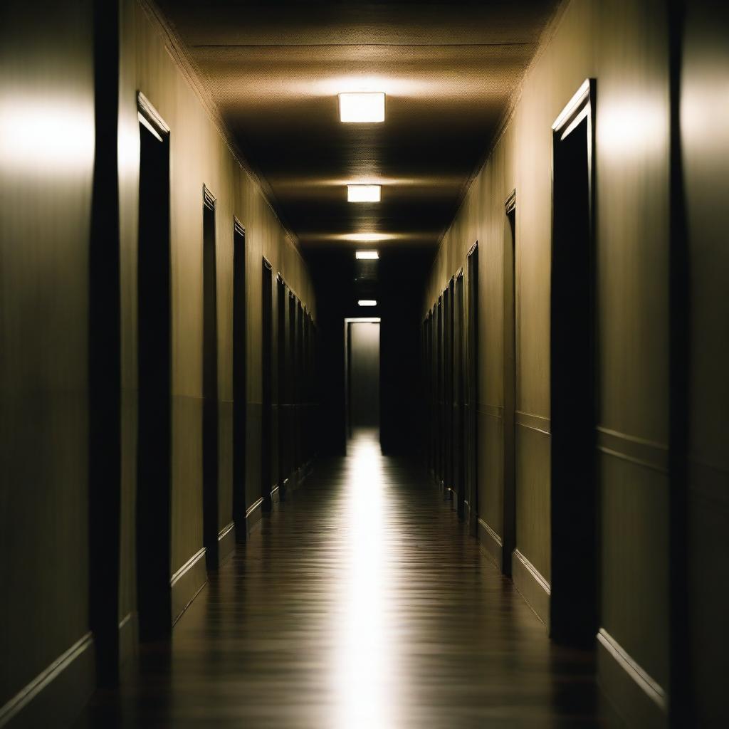 A long, dark hallway with dim lighting casting eerie shadows on the walls