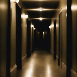 A long, dark hallway with dim lighting casting eerie shadows on the walls