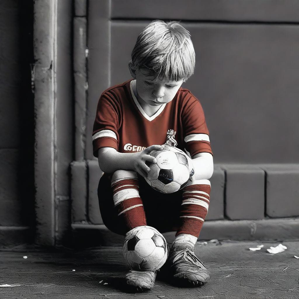 A young boy waits outside Anfield Road Stadium, gazing in awe as he dreams of playing there one day