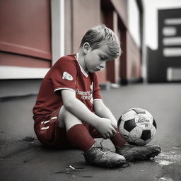 A young boy waits outside Anfield Road Stadium, gazing in awe as he dreams of playing there one day