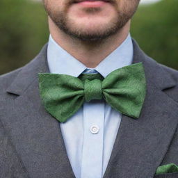 A man wearing a leaf-shaped bow tie, with a Regate knot. The design is inspired by nature, and the shades resemble the bark of a tree.