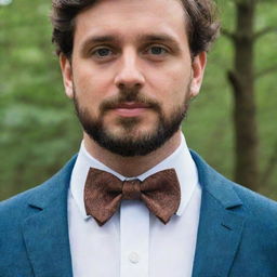 A man wearing a leaf-shaped bow tie, with a Regate knot. The design is inspired by nature, and the shades resemble the bark of a tree.