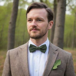 A man wearing a leaf-shaped bow tie, with a Regate knot. The design is inspired by nature, and the shades resemble the bark of a tree.