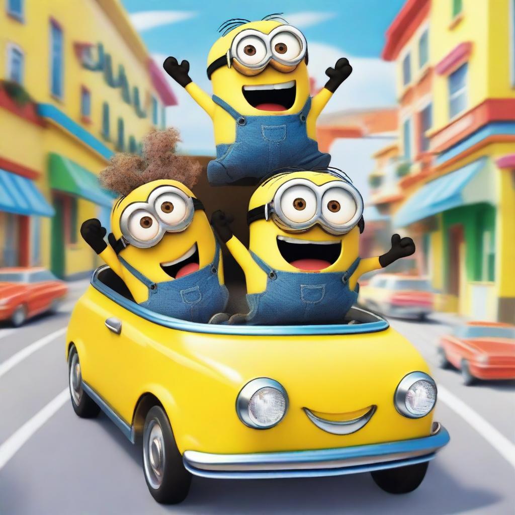 A fun and lively scene featuring two Minions driving a small, quirky car