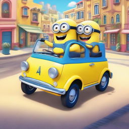 A fun and lively scene featuring two Minions driving a small, quirky car