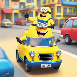 A fun and lively scene featuring two Minions driving a small, quirky car