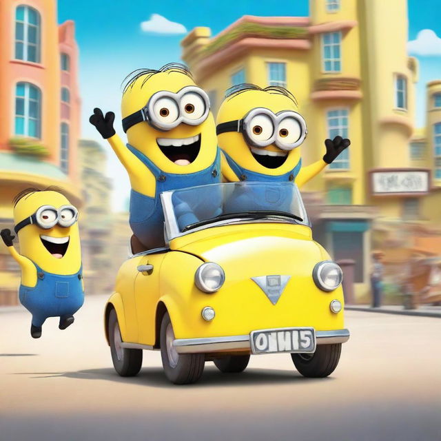 A fun and lively scene featuring two Minions driving a small, quirky car