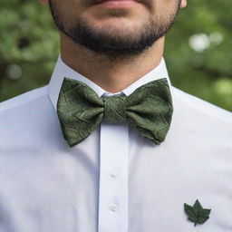 A man wearing a leaf-shaped bow tie, with a Regate knot. The design is inspired by nature, and the shades resemble the bark of a tree.