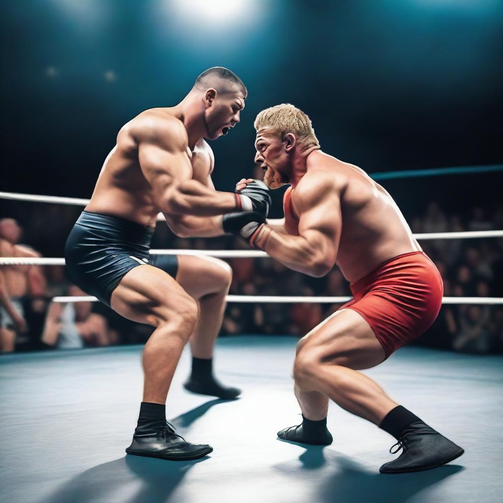 A dynamic and intense wrestling match between two muscular athletes in a professional wrestling ring, with an enthusiastic crowd cheering in the background