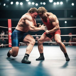 A dynamic and intense wrestling match between two muscular athletes in a professional wrestling ring, with an enthusiastic crowd cheering in the background