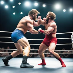 A dynamic and intense wrestling match between two muscular athletes in a professional wrestling ring, with an enthusiastic crowd cheering in the background