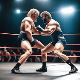 A dynamic and intense wrestling match between two muscular athletes in a professional wrestling ring, with an enthusiastic crowd cheering in the background