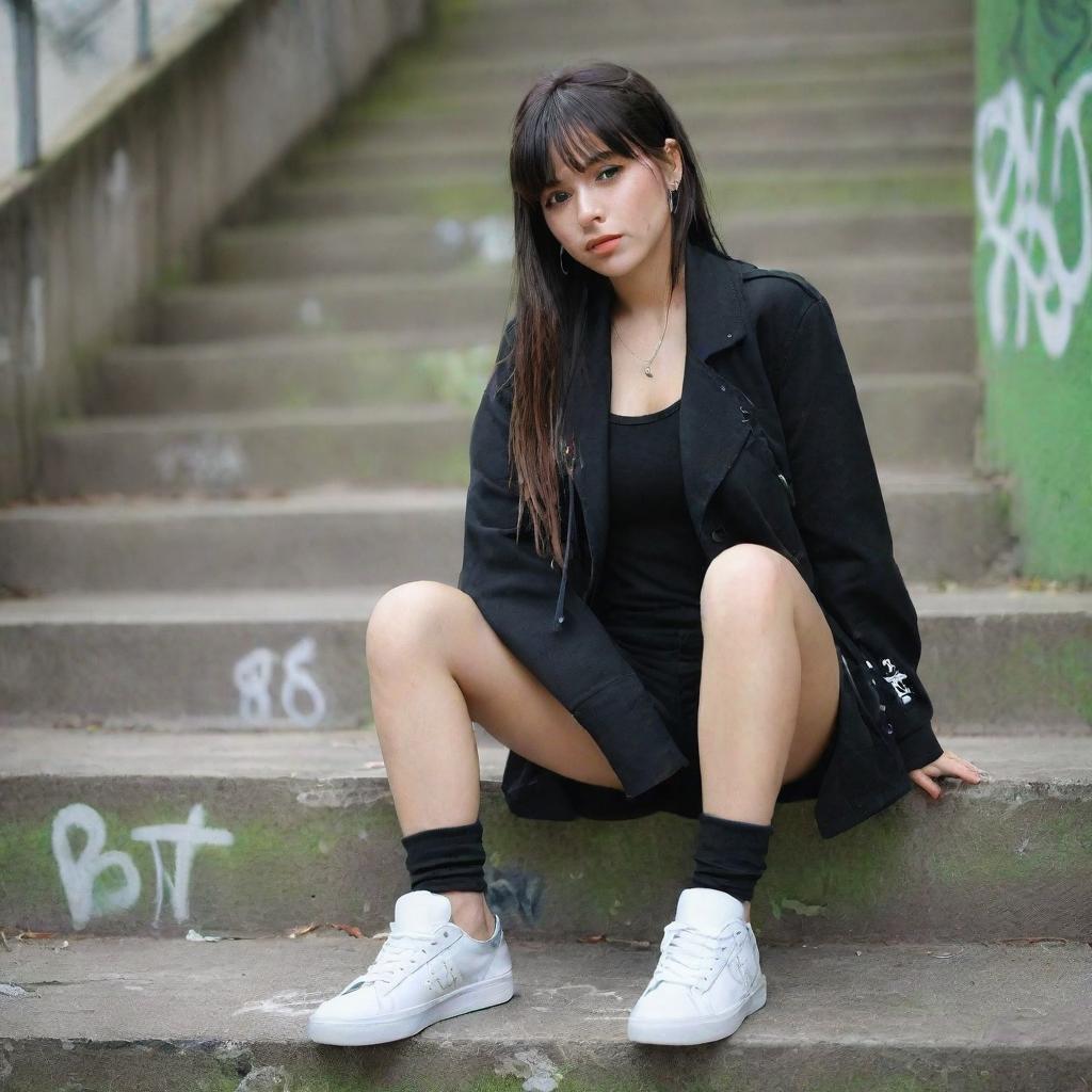 casual photograpy medium body, hip hop style clothes black jacket, sneakers, female , 23 year old with green eyes and black long hai with withe streaks in the bangs .,freckles, selfo, graffiti background stairs, medium distance shot, 4k hd,  --styerw--v 5.2 ar 2-3