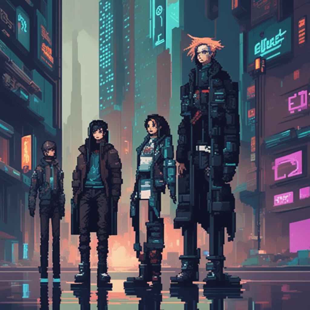 8-bit pixel art of Cyberpunk characters with cybernetic enhancements and futuristic streetwear in a dystopian cityscape.