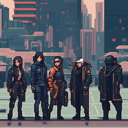 8-bit pixel art of Cyberpunk characters with cybernetic enhancements and futuristic streetwear in a dystopian cityscape.