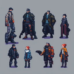 8-bit pixel art of Cyberpunk characters with cybernetic enhancements and futuristic streetwear in a dystopian cityscape.