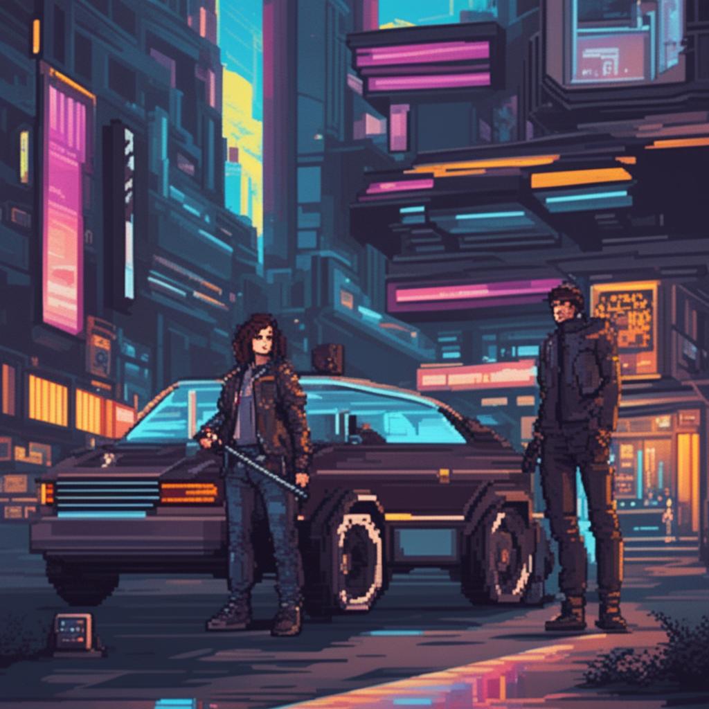 8-bit pixel art of Cyberpunk characters with cybernetic enhancements and futuristic streetwear in a dystopian cityscape.