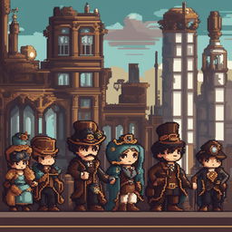 8-bit pixel art of Steampunk characters with Victorian fashion and steam-powered enhancements in a steampunk cityscape.