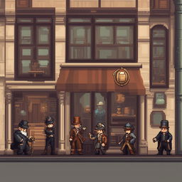 8-bit pixel art of Steampunk characters with Victorian fashion and steam-powered enhancements in a steampunk cityscape.