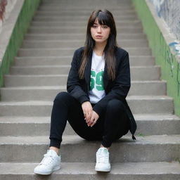 casual photograpy medium body, hip hop style clothes black jacket, sneakers, female , 23 year old with green eyes and black long hai with withe streaks in the bangs .,freckles, selfo, graffiti background stairs, medium distance shot, 4k hd,  --styerw--v 5.2 ar 2-3