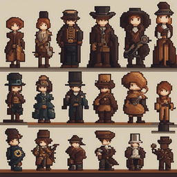 8-bit pixel art of Steampunk characters with Victorian fashion and steam-powered enhancements in a steampunk cityscape.