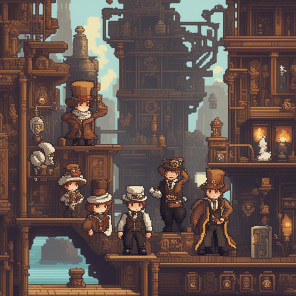 8-bit pixel art of Steampunk characters with Victorian fashion and steam-powered enhancements in a steampunk cityscape.