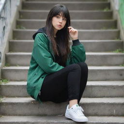 casual photograpy medium body, hip hop style clothes black jacket, sneakers, female , 23 year old with green eyes and black long hai with withe streaks in the bangs .,freckles, selfo, graffiti background stairs, medium distance shot, 4k hd,  --styerw--v 5.2 ar 2-3