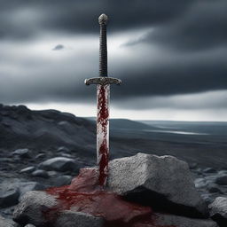 A detailed image of a sword with blood on its blade, standing upright on a rocky surface