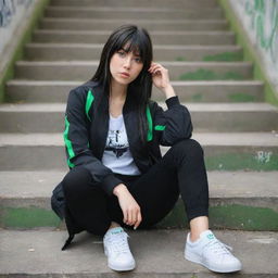 casual photograpy medium body, hip hop style clothes black jacket, sneakers, female , 23 year old with green eyes and black long hai with withe streaks in the bangs .,freckles, selfo, graffiti background stairs, medium distance shot, 4k hd,  --styerw--v 5.2 ar 2-3