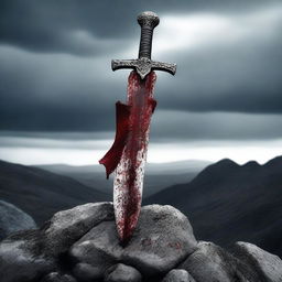 A detailed image of a sword with blood on its blade, standing upright on a rocky surface