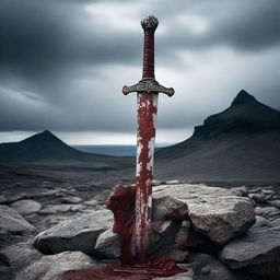 A detailed image of a sword with blood on its blade, standing upright on a rocky surface