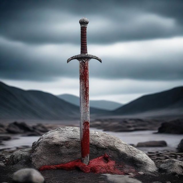 A detailed image of a sword with blood on its blade, standing upright on a rocky surface