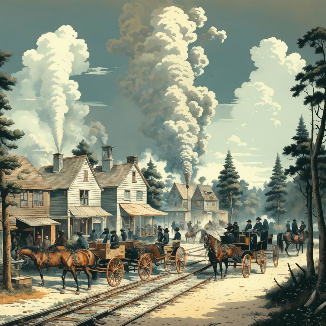 A detailed image of Canada in the 1800s, featuring both rural and urban settings, log cabins, forests, farming, fur trading, steam locomotives, and period clothing