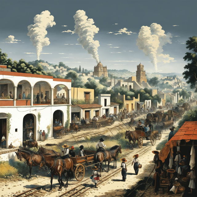 A detailed image of Mexico in the 1800s, featuring both rural and urban settings, haciendas, adobe houses, colonial architecture, traditional attire, steam locomotives, and daily life activities