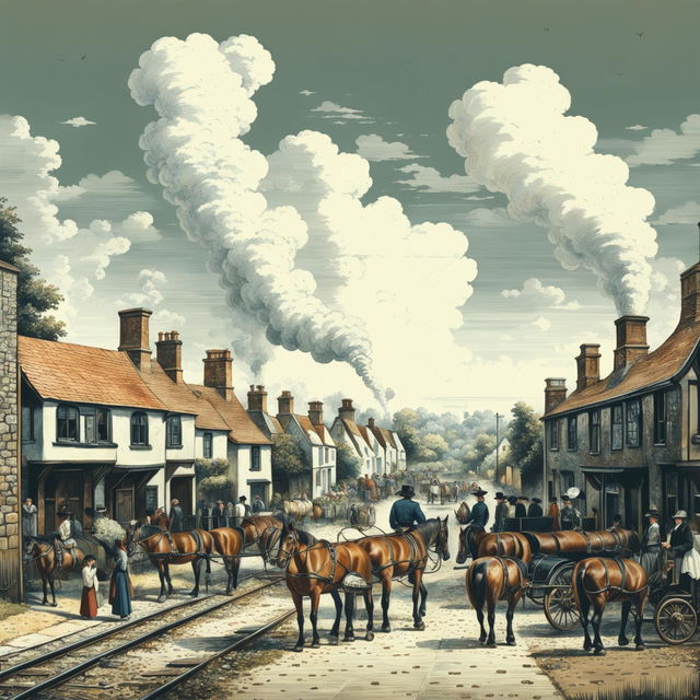 A detailed image of the United Kingdom in the 1800s, featuring both rural and urban settings, stone cottages, Victorian architecture, steam locomotives, and period clothing