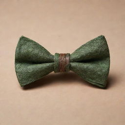 A bow tie inspired by nature, featuring a leaf-shaped knot and a Regate knot. Its color and textures resemble the shades of tree bark.