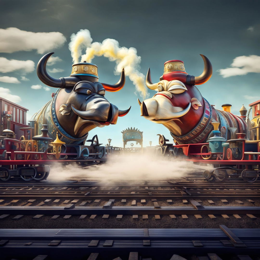 Two anthropomorphic trains engage in a whimsical bullfight on railroad tracks, with one train as the bull and the other as the matador, set in an arena-like environment