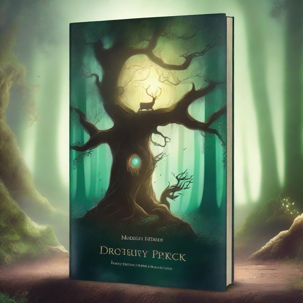 Create a captivating book cover featuring a mystical forest with ancient trees and glowing magical creatures